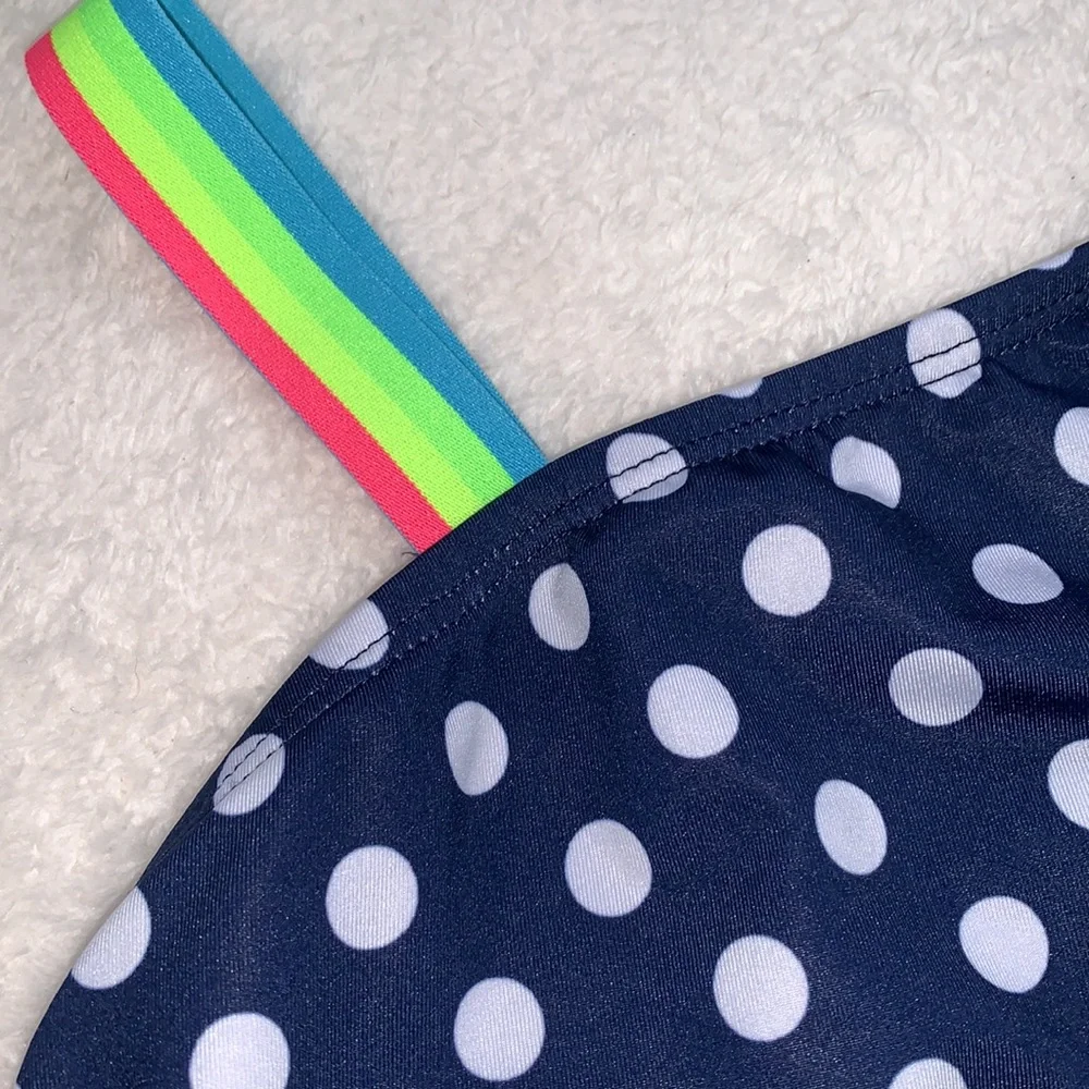 Land’s End Navy Polka Dot Rainbow Shoulder Swimsuit 10 EUC